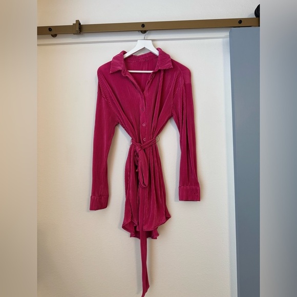 Hot Pink Plisse Button-Up Long Sleeve Belted Shirt Dress, Hot Pink Mini Dress - Picture 3 of 10